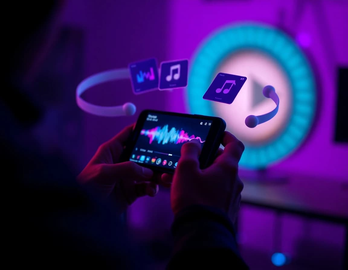 AI instrumental generator app for creators — phone with floating waveform and music cards