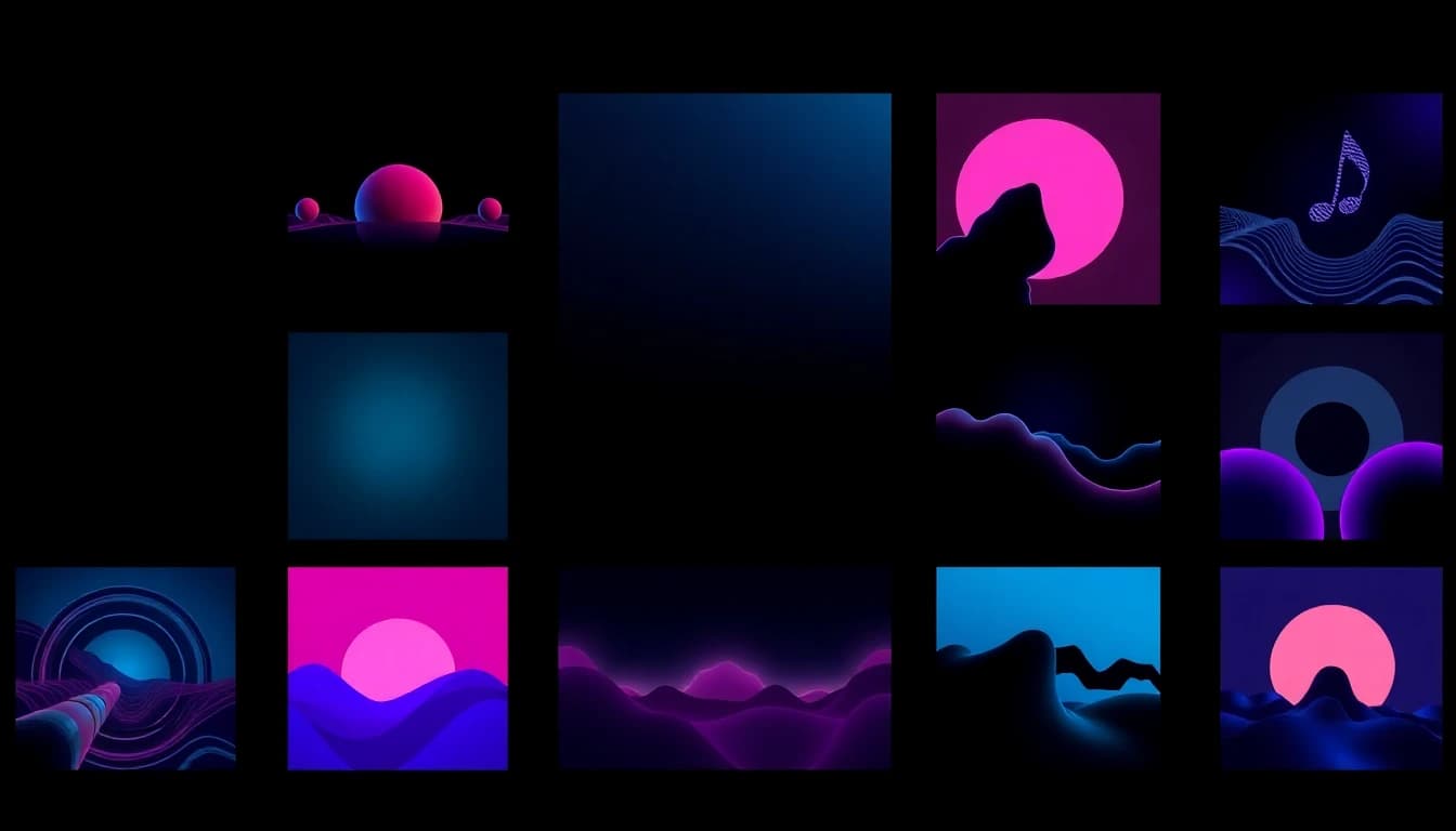 AI song generator grid with genre cards and waveform previews on a dark mobile app interface