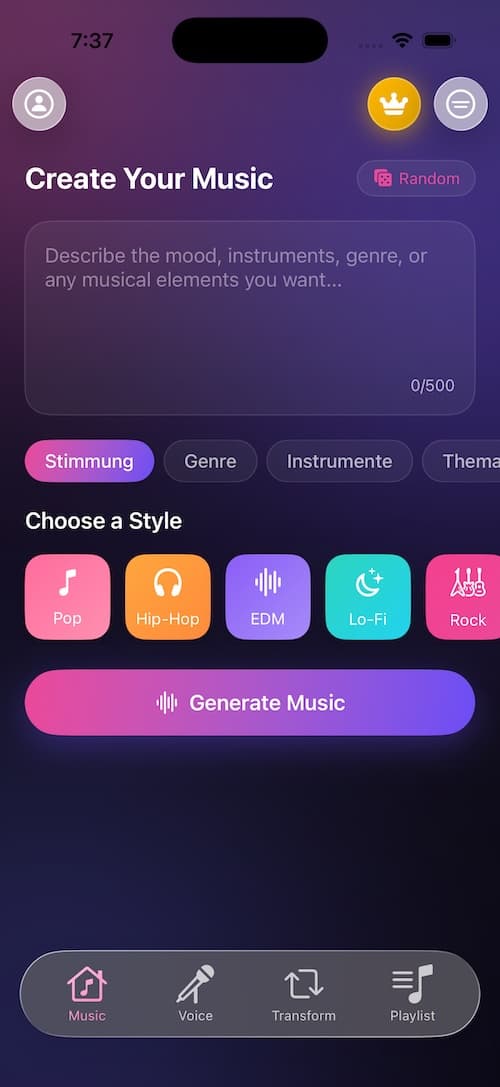 BeatBot Create Your Music screen with prompt input, genre chips, and Generate Music button